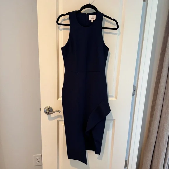 Cinq a Sept Piper Ruffle Hem Navy Blue Sheath Dress | Size 4 - Picture 4 of 8